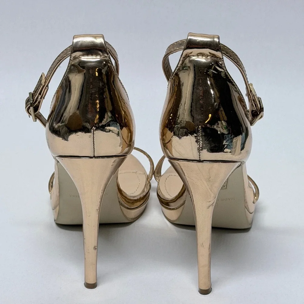 PrettyLittleThing Rose Gold Metallic Ankle Strap Stiletto Platform Sandals Sz 6